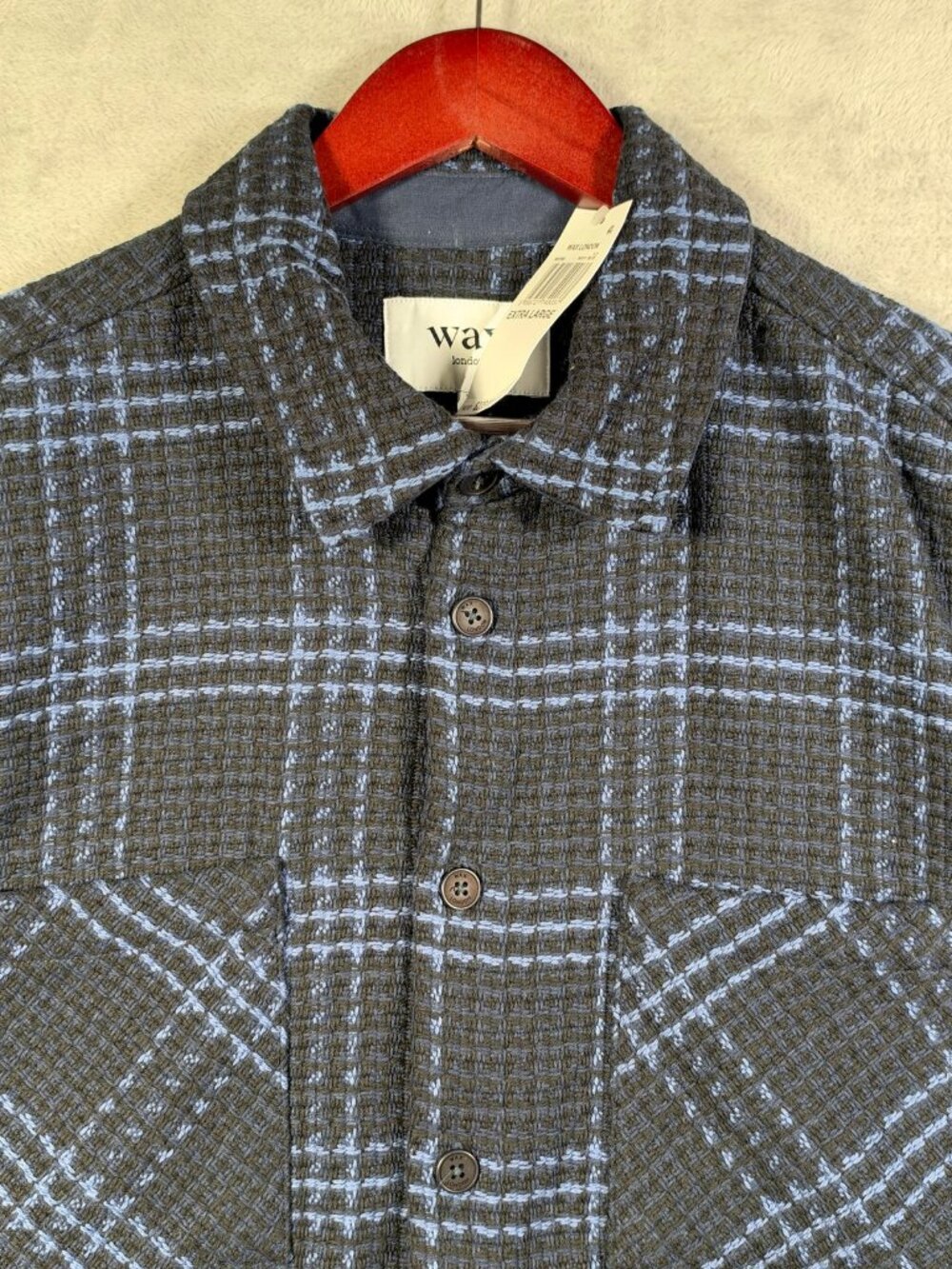 Wax London Whiting Overshirt Mens XL Navy Blue Plaid Woven Shacket Jacket $235